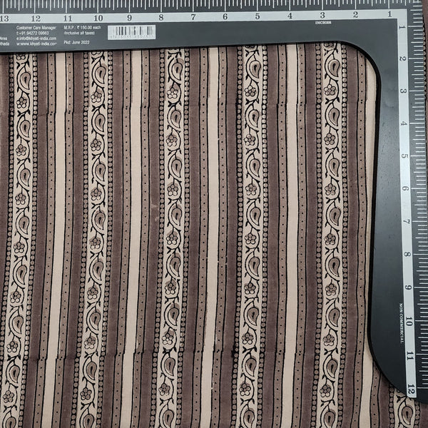 Pre Cut 2 m Pure Cotton Ajrak Chicku Brown And Cream   Stripes Border Hand Block Print Fabric