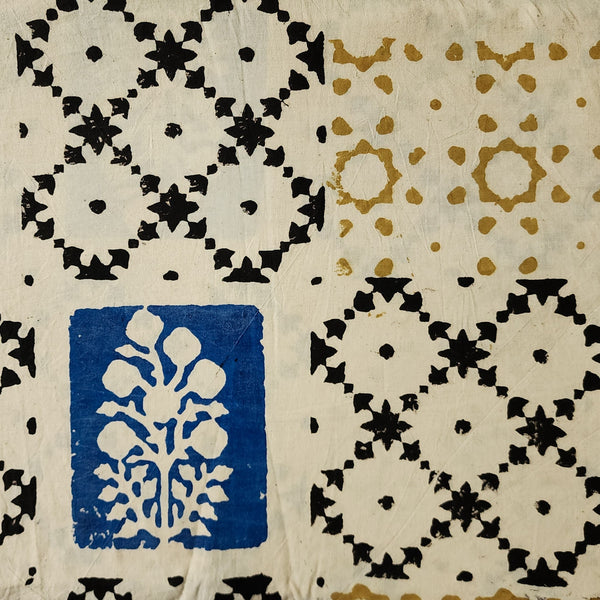 Pure Cotton Ajrak Cream With Black And Blue With Mustrad Different Block Patches Hand Block Print Fabric