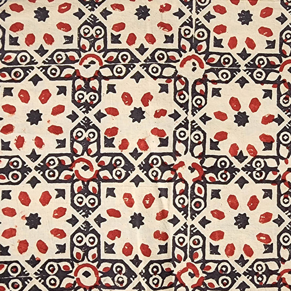 Pure Cotton Ajrak  Cream With Black And Red Star Intricate Design Hand Block Print Fabric