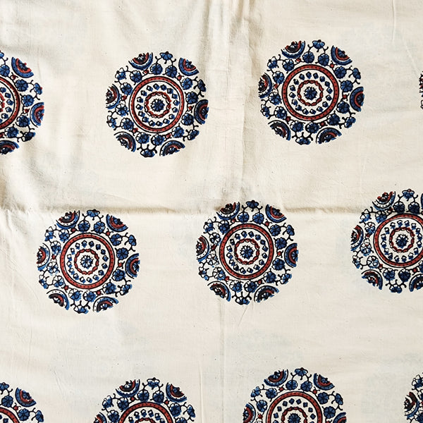 Pure Cotton Ajrak Cream With Blue Circle Mahindi Design Hand Block Print Fabric