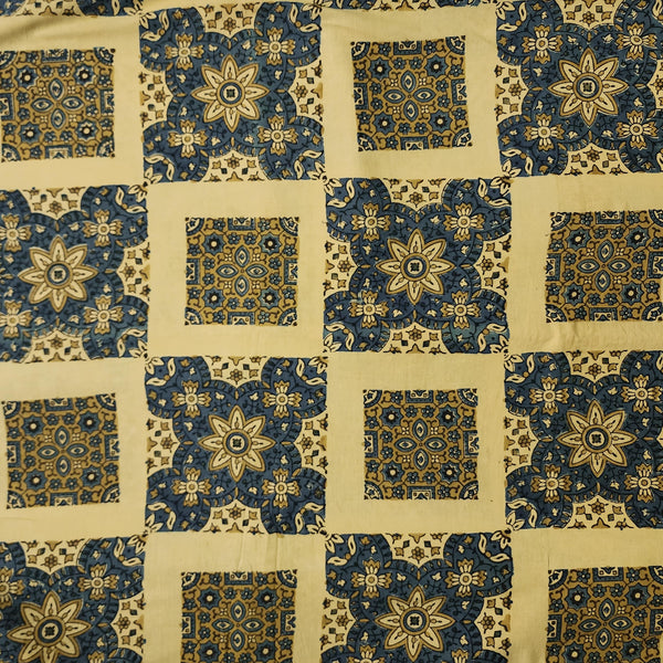 Pre Cut ( 1.55 Meter) Pure Cotton Ajrak Cream With Blue Intricate Design Block Hand Block Print Fabric