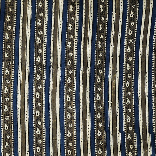 Pure Cotton Double Ajrak Cream With Blue Intricate Design Hand Block Print Fabric