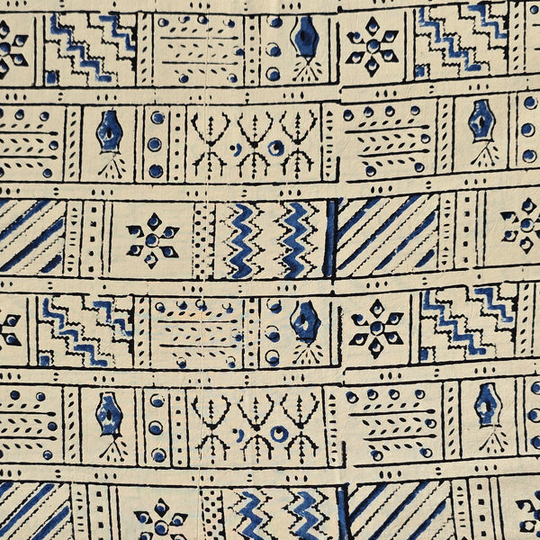 Pure Cotton Ajrak Cream With Blue Intricate Design In The Square Hand Block Print Fabric