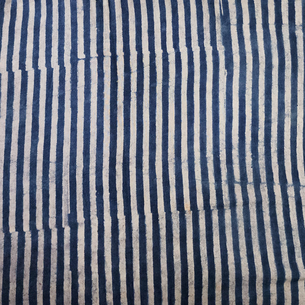 Pure Cotton Ajrak Cream With Blue Stripes Hand Block Print Fabric