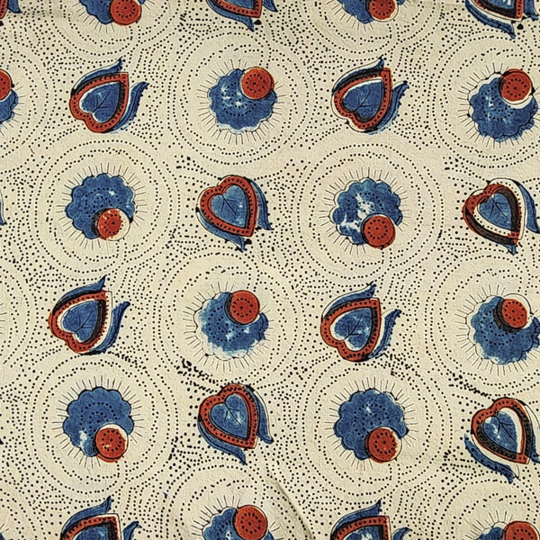 Pure Cotton Ajrak Cream With Red And Blue Heart Flower Jaal Hand Block Print Fabric