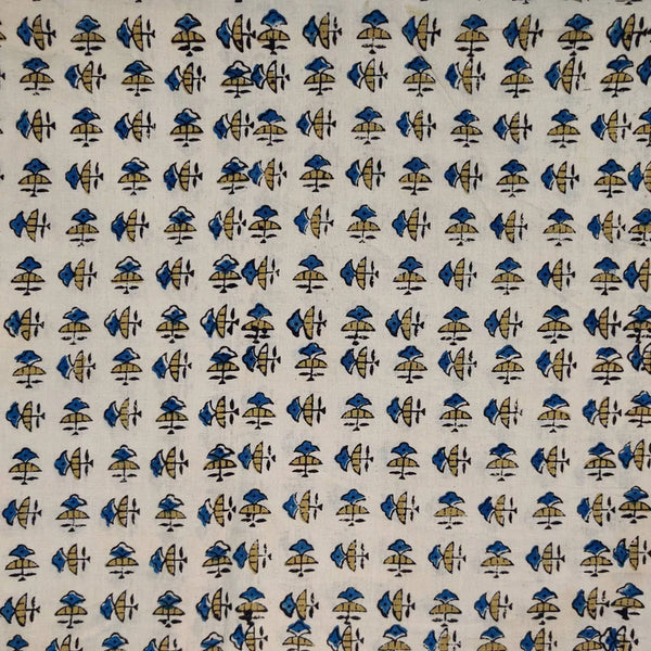 (Pre-Cut 1 Meter) Pure Cotton Ajrak Cream With Tiny Blue Motifs Hand Block Print Fabric