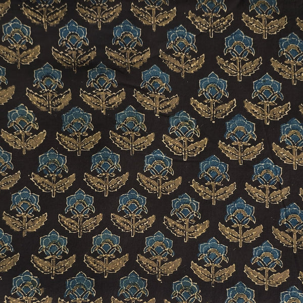 Pure Cotton Ajrak  Double Dark Brown With Blue Border Flower Motif  Hand Block Print Fabric