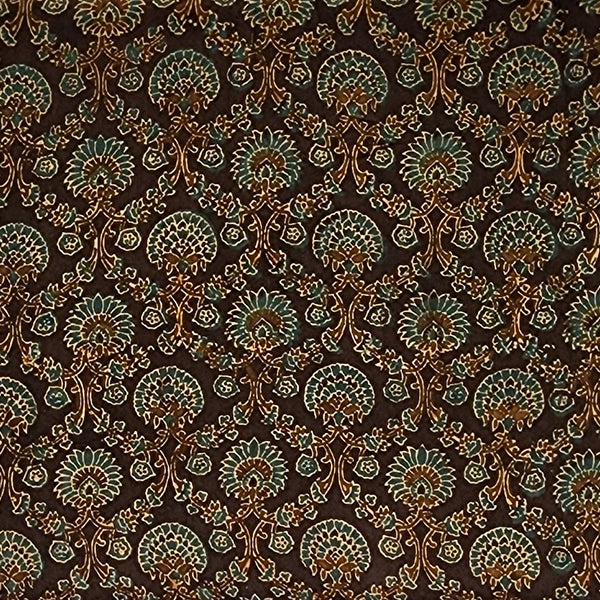 Pure Cotton Double  Ajrak Dark Brown With Green Intricate Flower Jaal Fabric