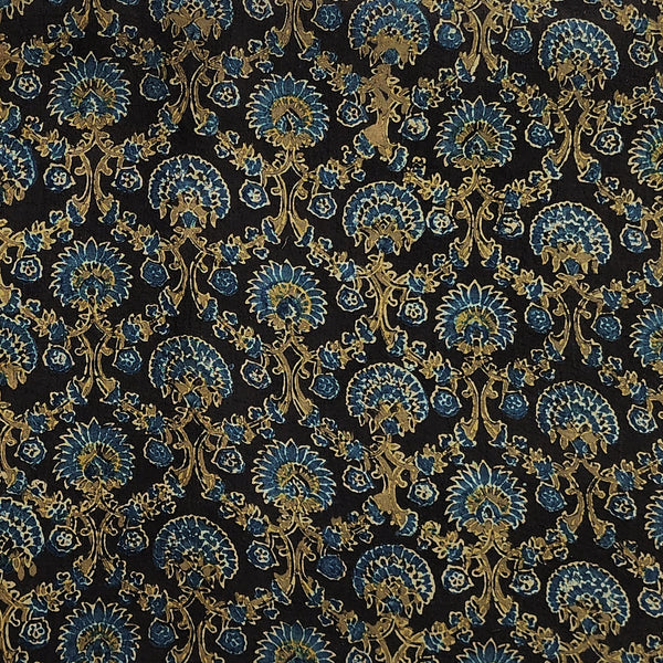 Pure CottonDouble Ajrak Dark Brown With Rust Blue Intricate Flower Design  Fabric