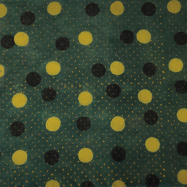 Pure Cotton Ajrak Dark Green With Tiny Dots And Yellow And Green Polka Dots Hand Block Print Fabric