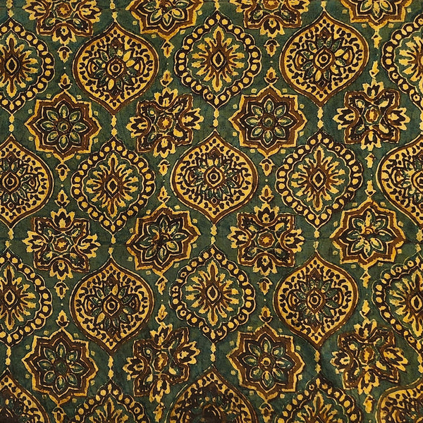 Pure Cotton Double Ajrak Dark Green With Yellow Intricate Design Hand Block Print Fabric