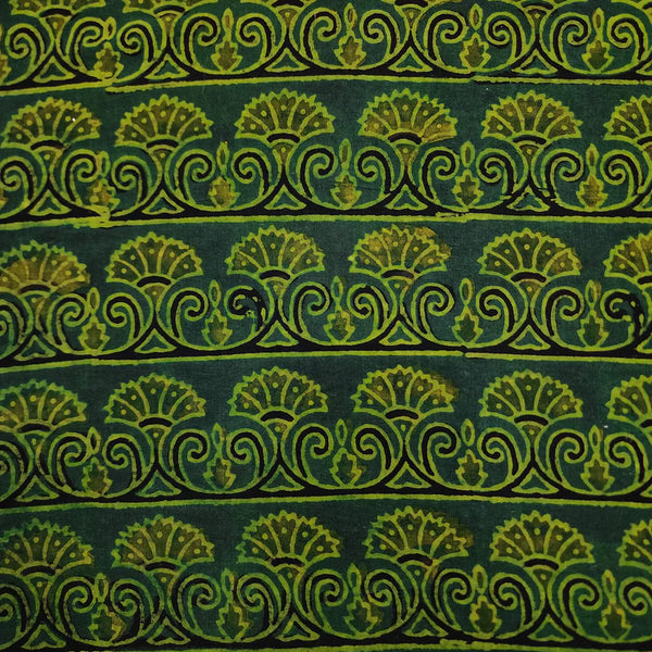 (Pre-Cut 0.90 Meter) Pure Cotton Ajrak Green With Green Bush Border Horizontal Hand Block Print Fabric