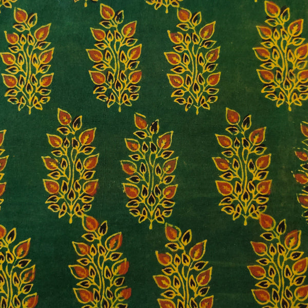 (PRE CUT 1.48 METER )Pure Cotton Ajrak Green With Rust Leafy Plant Hand Block Print