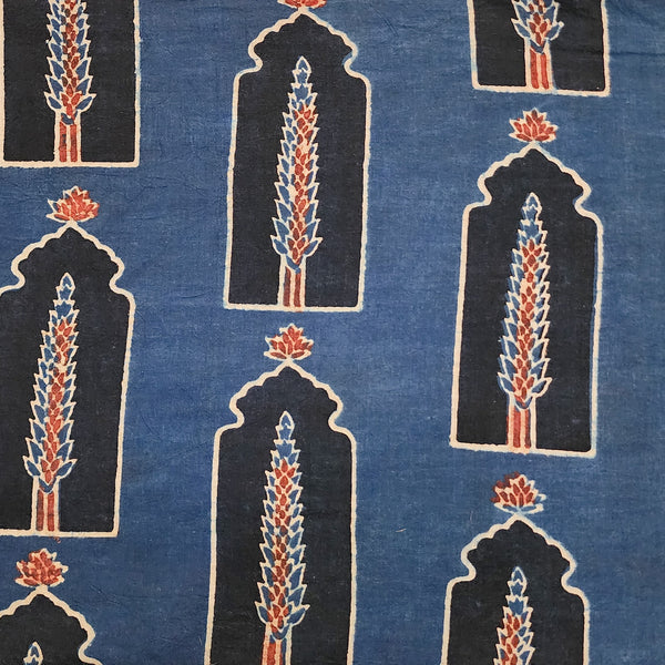 Pure Cotton Ajrak Ink Blue Small Window Black With Blue And Red Leave Motif Hand Block Print Fabric