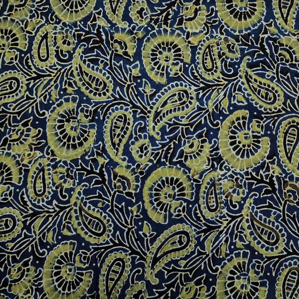 ( Pre-Cut 1.80 Meter) Pure Cotton Ajrak Persian Blue With Beautiful Fuller Flower Jaal Hand Block Print Fabric