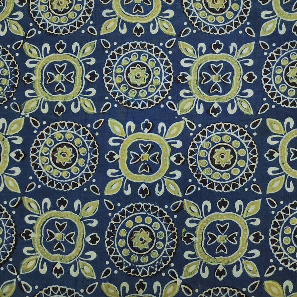 (Pre Cut 0.90 Meter )Pure Cotton Ajrak Persian Blue With Chakra And Flower Star Mehendi Design Hand Block Print Fabric