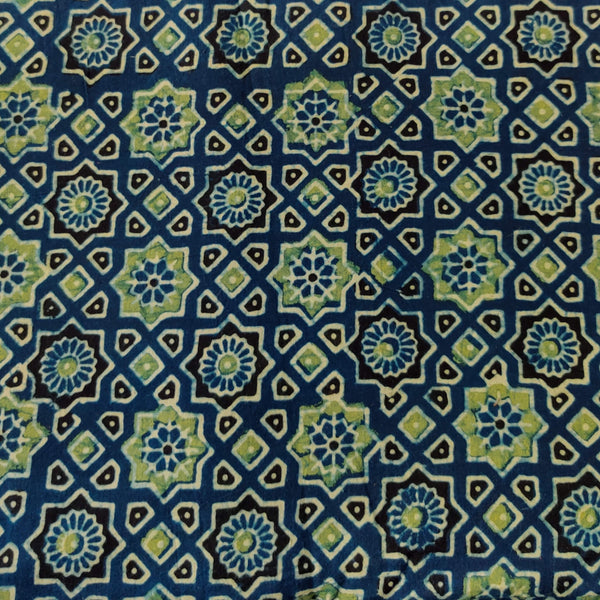 ( Pre-Cut 1.95 Meter ) Pure Cotton Ajrak Persian Blue With Green And White Star Tile Print Fabric