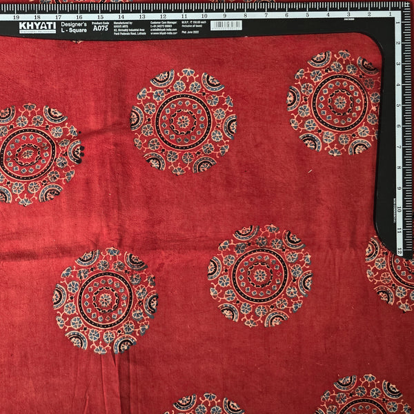 Pure Cotton Ajrak Red Big Circle Mahindi Design Hand Block Print Fabric