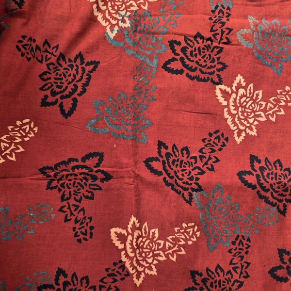 Pure Cotton Ajrak Red With Black And Blue Flower Design Hand Block Print Fabric