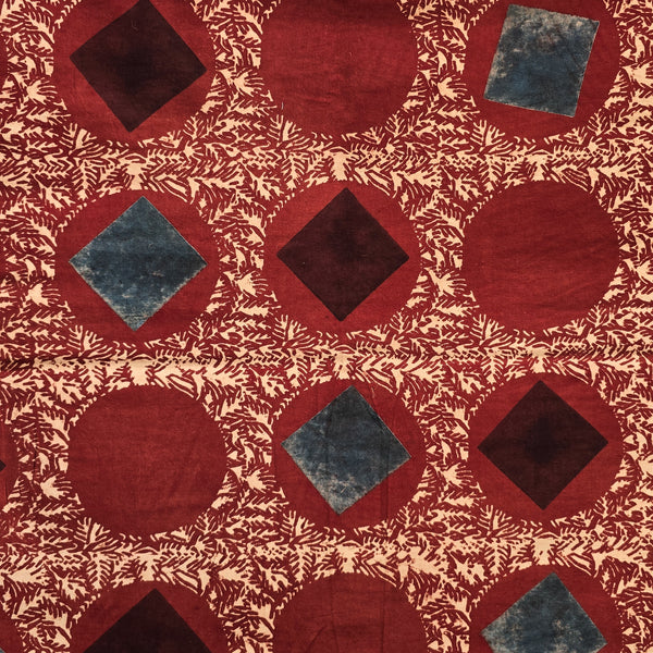 Pure Cotton Ajrak Red With Blue And Dark Brown Intricate Design Hand Block Print Fabric