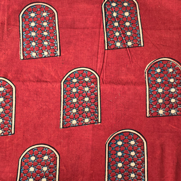 Pure Cotton Ajrak Red With Blue Window Hand Block Print Fabric