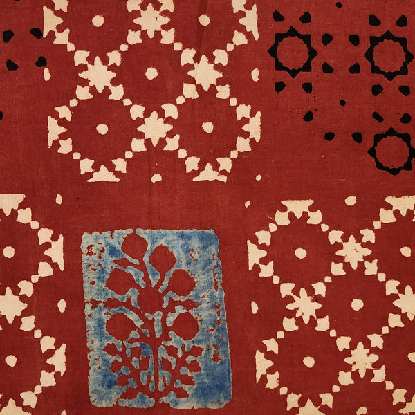 Pure Cotton Ajrak Red With Cream And Black With Blue Different Block Patches Hand Block Print Fabric