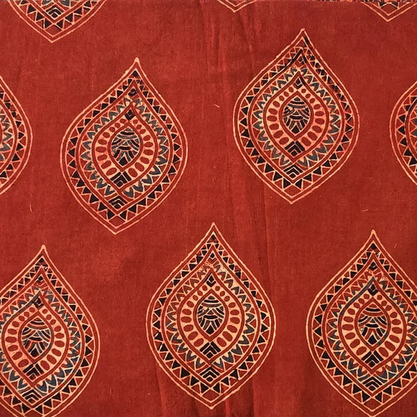 (Pre-Cut 1 Meter) Pure Cotton Ajrak Red With Rust Blue Mandala Art Design Hand Block Print Fabric