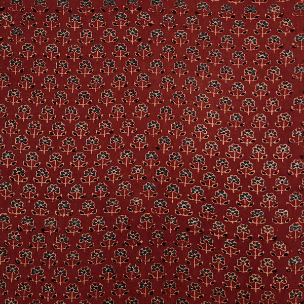 ( PRE-CUT 1.80 METER ) Pure Cotton Ajrak Rust And Green Tiny Flower Hand Block Print Fabric