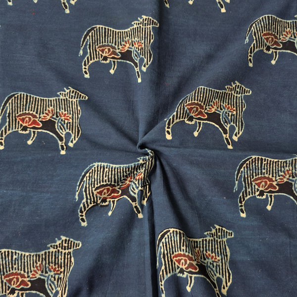 Pure Cotton Ajrak Rust Blue With Red Moo Hand Block Print Fabric