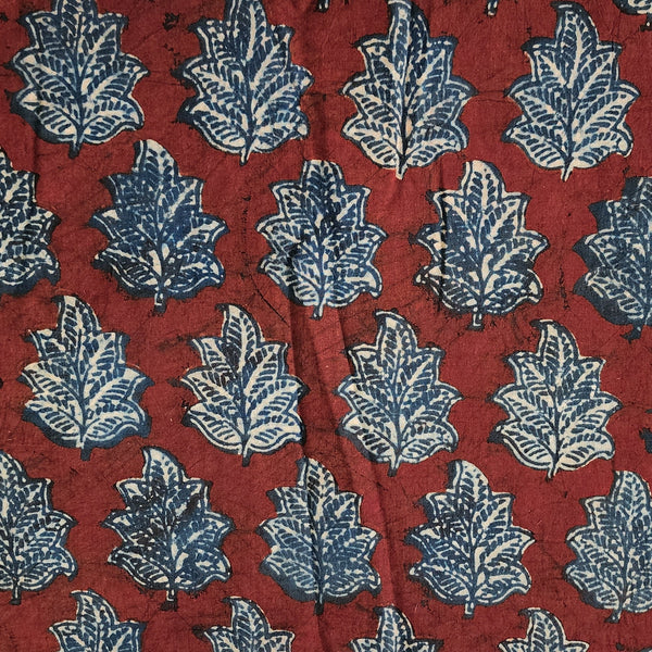 ( Pre-Cut 1 Meter ) Pure Cotton Ajrak Rust Maroon With Rust Blue Leaves Motif Hand Block Print Fabric