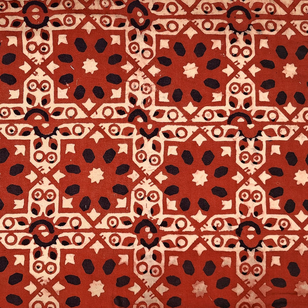 Pure Cotton Ajrak  Rust Red And Black And Cream Star Intricate Design Hand Block Print Fabric