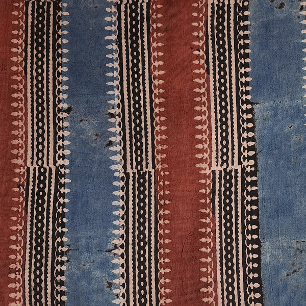 Pure Cotton AjraK Rust Red And Blue Border Hand Block Print Fabric