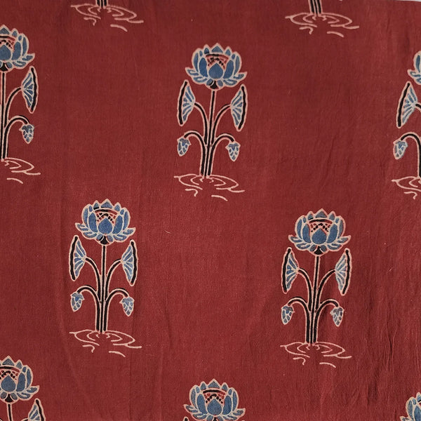 ( PRE-CUT 1.10 METER ) Pure Cotton Ajrak Rust Red With Rust Blue  Flower Motif Hand Block Print Fabric