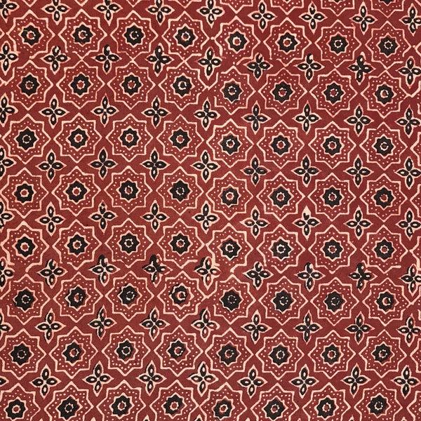 ( Pre-Cut 1.80 Meter ) Pure Cotton Ajrak Rust With Black Star All Over Hand Block Print Fabric