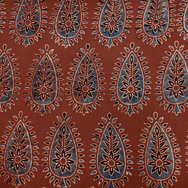 Pure Cotton Ajrak Rust With Blue Big Leafs With Intricate Design Hand Block Print Fabric