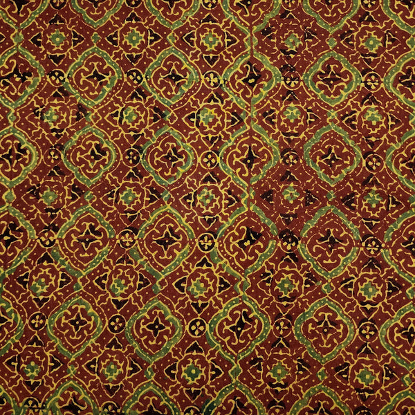 Pre cut (1.30 Meter) Pure Cotton Ajrak Rust With Curvy Star Tile Hand Block Print Fabric