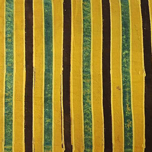 Pure Cotton Ajrak Turmeric With Green And Brown Fat Stripes Hand Block Print Fabric