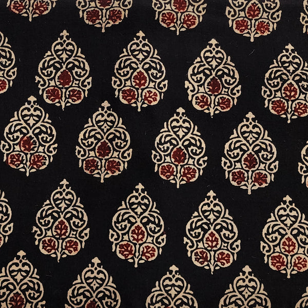 (Pre Cut 1.55 Meter )Pure Cotton Ajrak Vegetable Dyed Black With Cream Flower Leaves Hand Block Print Fabric