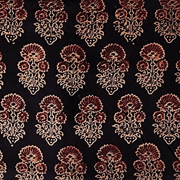 Pure Cotton Ajrak Vegetable Dyed Black With Maroon Big Flower Motif Hand Block Print Fabric