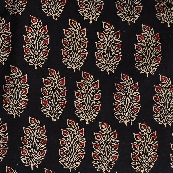 Pure Cotton Ajrak Vegetable Dyed Black With Red And Cream Flower Plant Motif  Hand Block Print Fabric