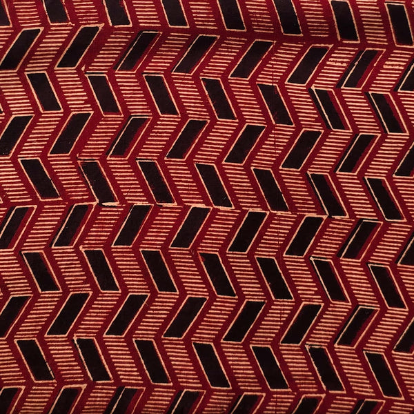 Pure Cotton Ajrak Vegetable Dyed Rust Red With Black Zig-Zag  Hand Block Print Fabric