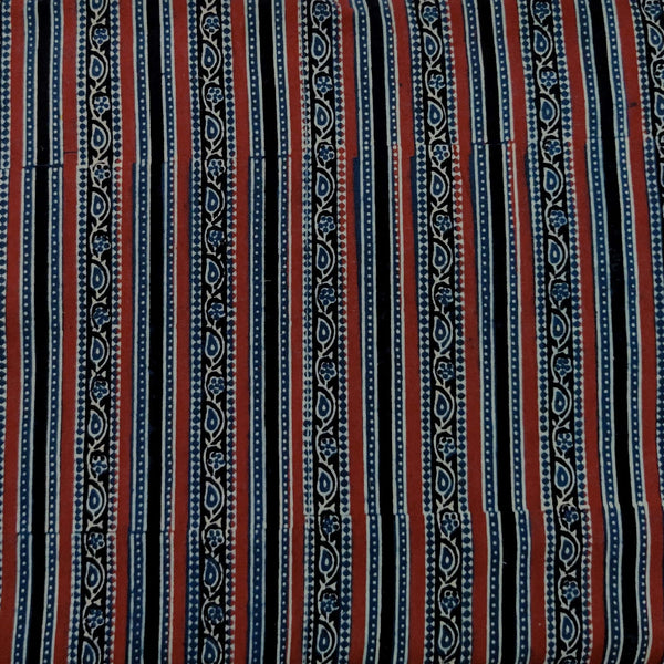 Pre-cut 1.5 meter Pure Cotton Double Ajrak With Cream Blue Red Black Leaf Creeper Border Hand Block Print Fabric