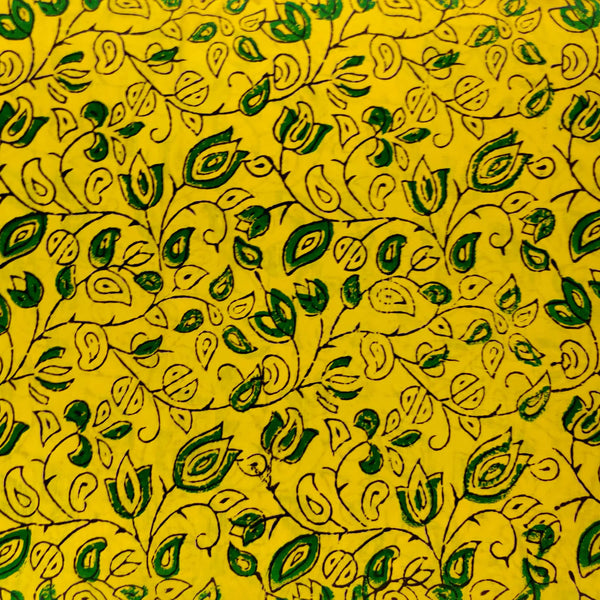 PRE-CUT 1.5 METER Pure Cotton Ajrak Yellow With Green Floral Jaal Hand Block Print Fabric