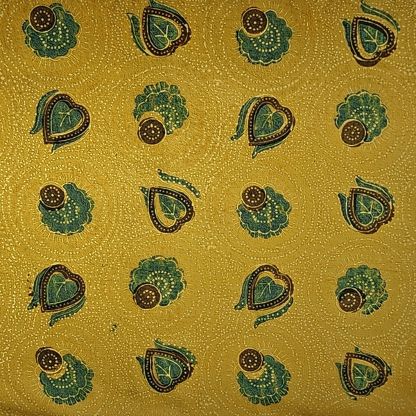 Pure Cotton Ajrak Yellow With Green Heart Flower Jaal Hand Block Print Fabric