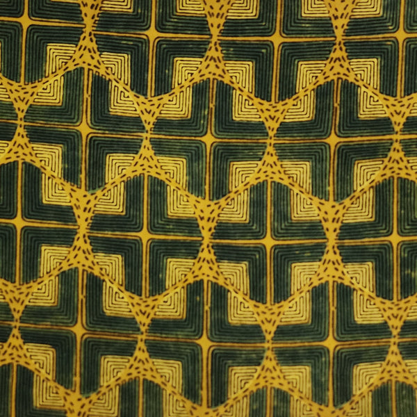 Pure Cotton Ajrak Yellow With Green  Intricate Design  Hand Block Print Fabric