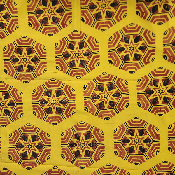 Pure Cotton Ajrak Yellow With Red Big Geometrical  With Intricate Design Hand Block Print Fabric