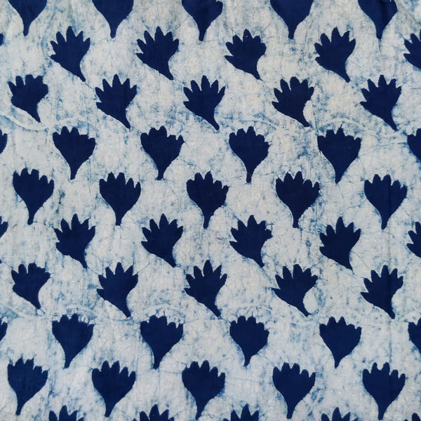 Pre-cut 0.90cm Pure Cotton Akola Light Indigo With Spring Flowers Hand Block Print Fabric