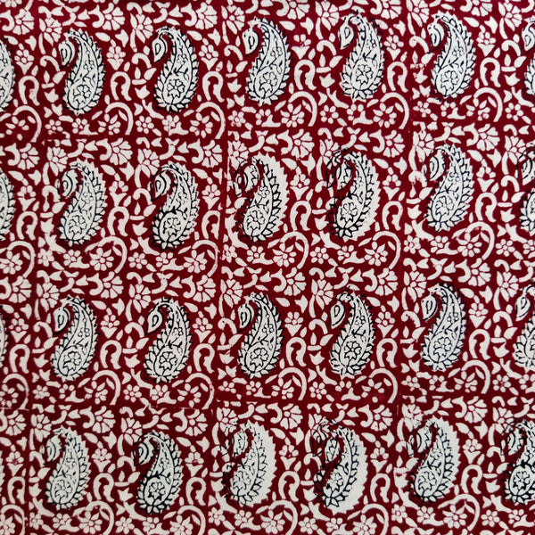 Pre Cut (0.85 Meter) Pure Cotton Bagh Rust With Self Design And Black Kairi Motifs Hand Block Print Fabric