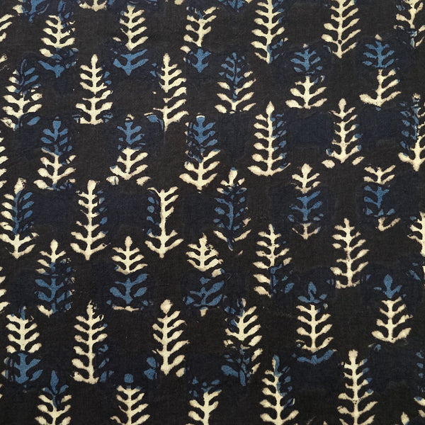 ( Pre-Cut 1.50 Meter ) Pure Cotton Bagru Black With Cream And Blue Flower Motif Hand Block Print Fabric