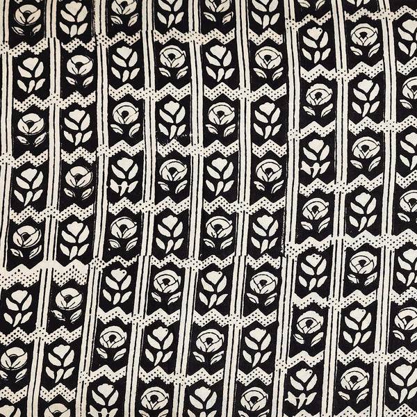 Pure Cotton Bagru Black With Cream Flower Motif  Hand Block Print Fabric